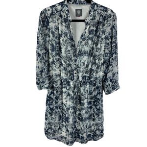Vince Camuto Chiffon Pullover Shirt Dress Size 8/10 Blue Print Drawstring Waist